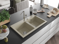 Mexen Hektor dviejų kamerų granitinė plautuvė 800 x 480 mm, smėlio spalvos, chromo sifonas - 6521802000-69