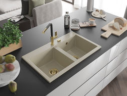 Mexen Hektor granitinė dviejų skyrių kriauklė 800 x 480 mm, smėlio spalvos, auksinis sifonas - 6521802000-69-G