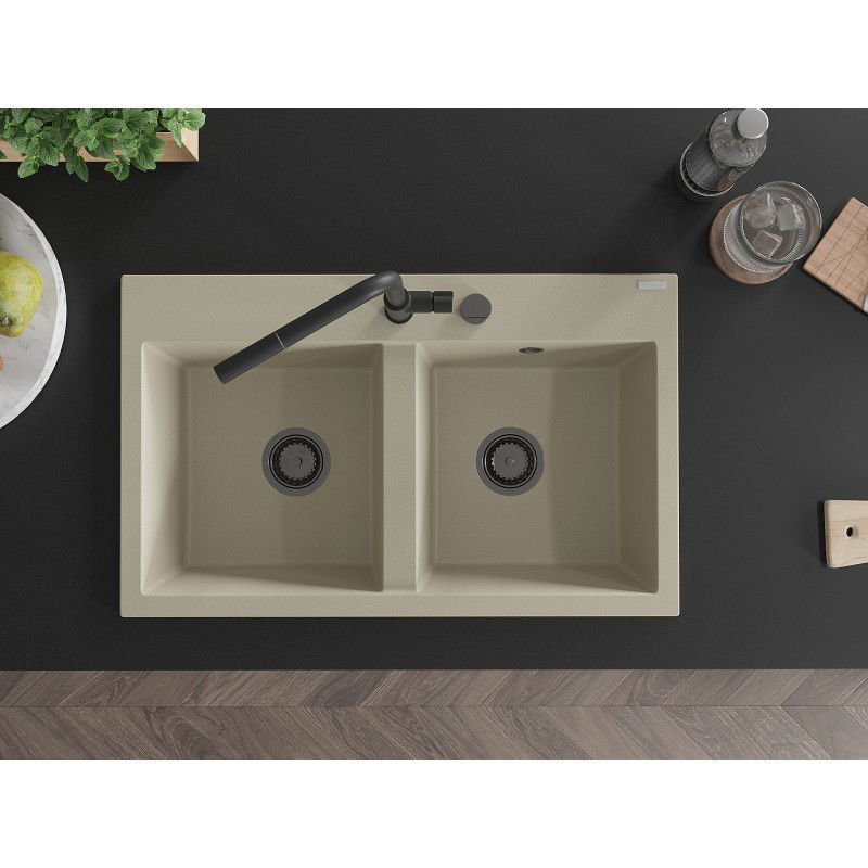 Mexen Hektor granitinė dviejų skyrelių plautuvė 800 x 480 mm, smėlio spalvos, juodas sifonas - 6521802000-69-B