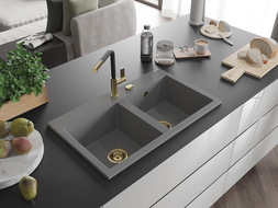 Mexen Hektor granito plautuvė 2 kamerų 800 x 480 mm, pilka, auksinė sifonas - 6521802000-71-G