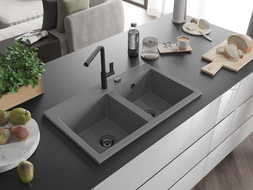 Mexen Hektor granitinė kriauklė su dviem dubenimis 800 x 480 mm, pilka, juodas sifonas - 6521802000-71-B