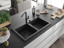 Mexen Hektor granitinė dviejų kamerų plautuvė 800 x 480 mm, juoda/sidabro metalo, juodas sifonas - 6521802000-73-B