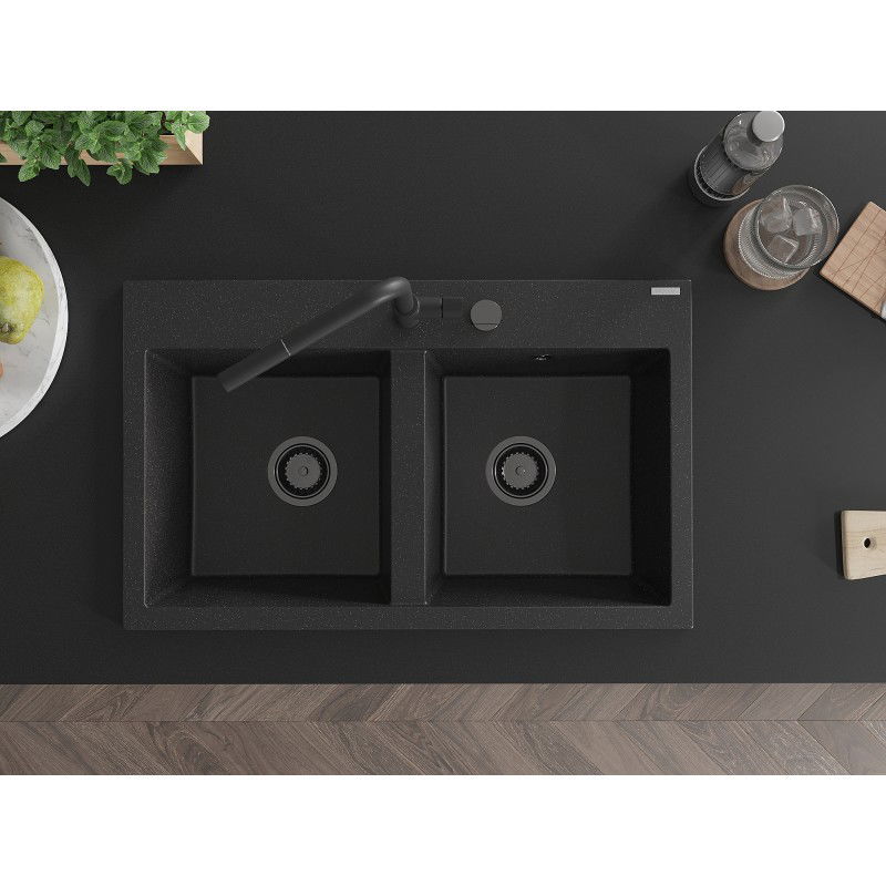 Mexen Hektor granitinė dviejų kamerų plautuvė 800 x 480 mm, juoda/sidabro metalo, juodas sifonas - 6521802000-73-B