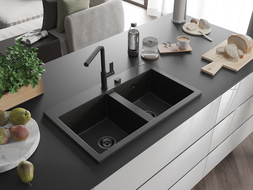 Mexen Hektor 2 kamerų granitinė plautuvė 800 x 480 mm, juoda/auksinis metalikas, juodas sifonas - 6521802000-75-B