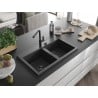Mexen Hektor granitinė plautuvė su dviem kameromis 800 x 480 mm, juoda su taškeliais, juodas sifonas - 6521802000-76-B