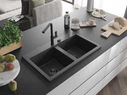 Mexen Hektor granito kriauklė su dviem kameromis 800 x 480 mm, juoda su dėmėmis, juodas sifonas - 6521802000-76-B