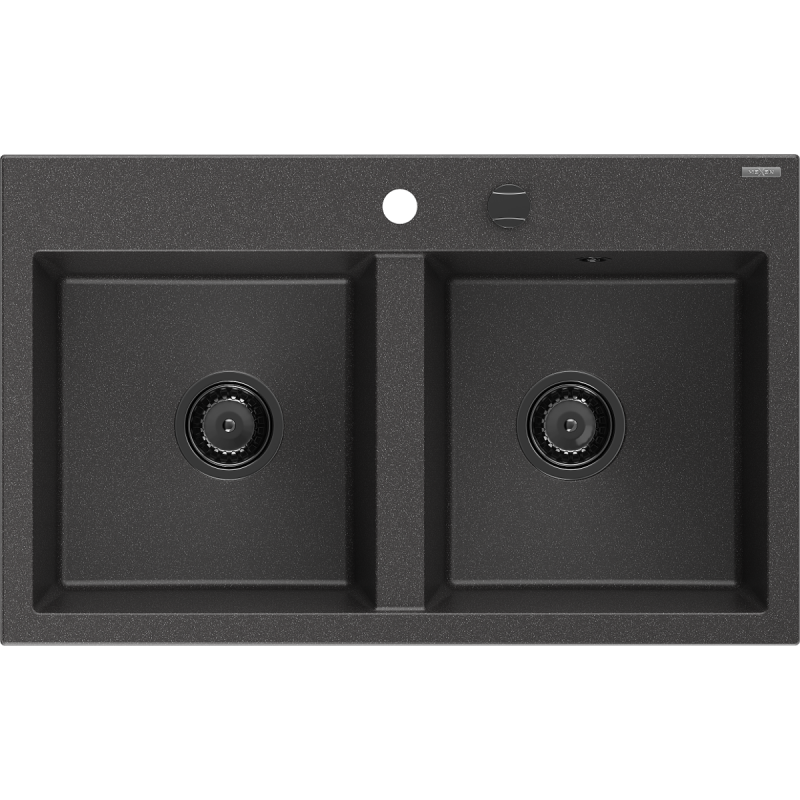 Mexen Hektor granitinė plautuvė su dviem kameromis 800 x 480 mm, juoda su taškeliais, juodas sifonas - 6521802000-76-B