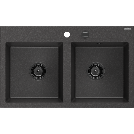 Mexen Hektor granito kriauklė su dviem kameromis 800 x 480 mm, juoda su dėmėmis, juodas sifonas - 6521802000-76-B