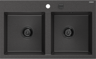 Mexen Hektor granitinė plautuvė su dviem kameromis 800 x 480 mm, juoda su taškeliais, juodas sifonas - 6521802000-76-B