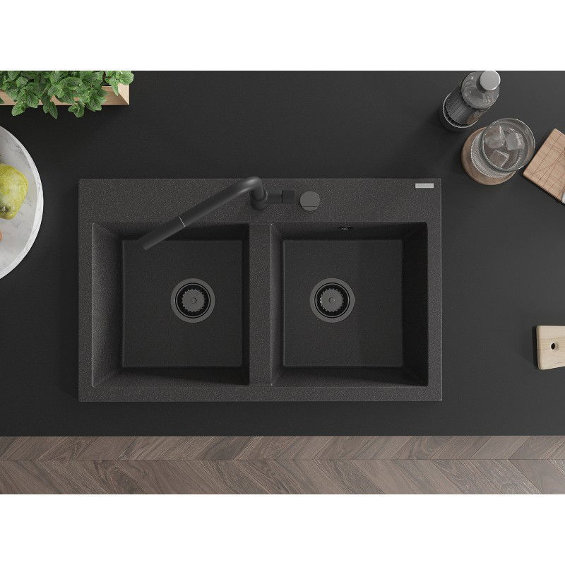 Mexen Hektor granitinė plautuvė su dviem kameromis 800 x 480 mm, juoda su taškeliais, juodas sifonas - 6521802000-76-B