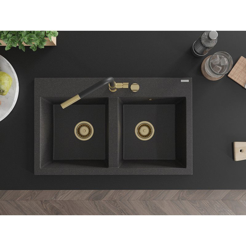 Mexen Hektor dviejų kamerų granito virtuvinė kriauklė 800 x 480 mm, juoda su taškeliais, auksinis sifonas - 6521802000-76-G