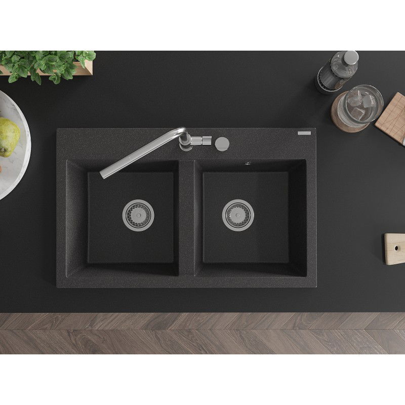 Mexen Hektor granitinė virtuvinė kriauklė 2-jų kamerų 800 x 480 mm, juoda su dėmelėmis, chromuotas sifonas - 6521802000-76