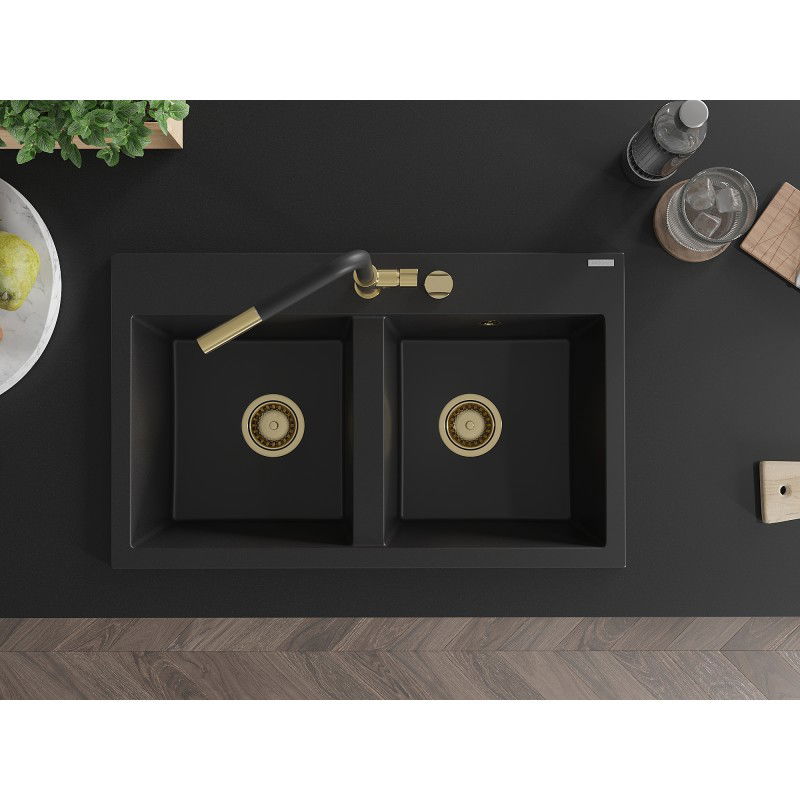 Mexen Hektor granitinė dviejų skyrių kriauklė 800 x 480 mm, juoda, auksinis sifonas - 6521802000-77-G
