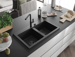 Mexen Hektor granitinė dviejų skyrių plautuvė 800 x 480 mm, juoda, juodas sifonas - 6521802000-77-B