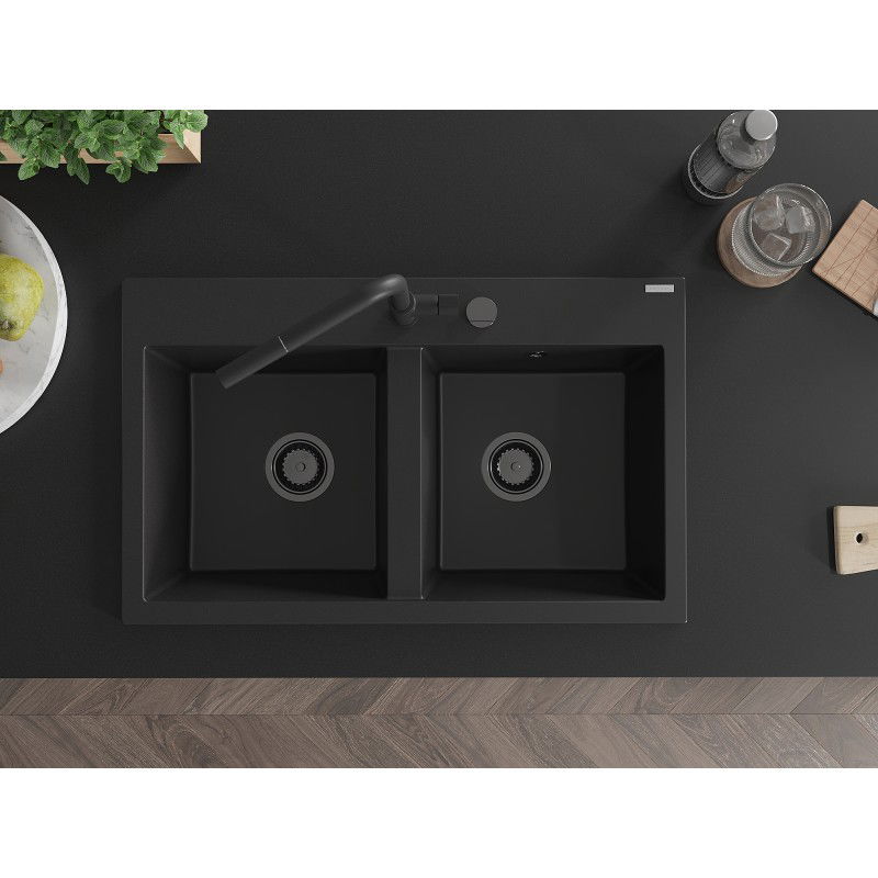 Mexen Hektor granitinė dviejų skyrių plautuvė 800 x 480 mm, juoda, juodas sifonas - 6521802000-77-B
