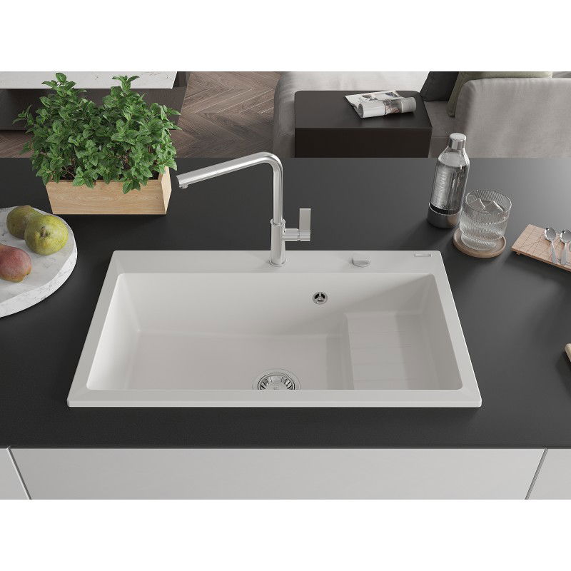 Mexen Omar granitinė vienos sekcijos kriauklė 800 x 480 mm, balta, chromuotasis sifonas - 6520801005-20