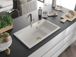 Mexen Omar granito plautuvė vienos kameros 800 x 480 mm, balta, aukso sifonas - 6520801005-20-G