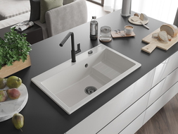 Mexen Omar granitinis vienos plautuvės kriauklė 800 x 480 mm, balta, sifonas juodas - 6520801005-20-B