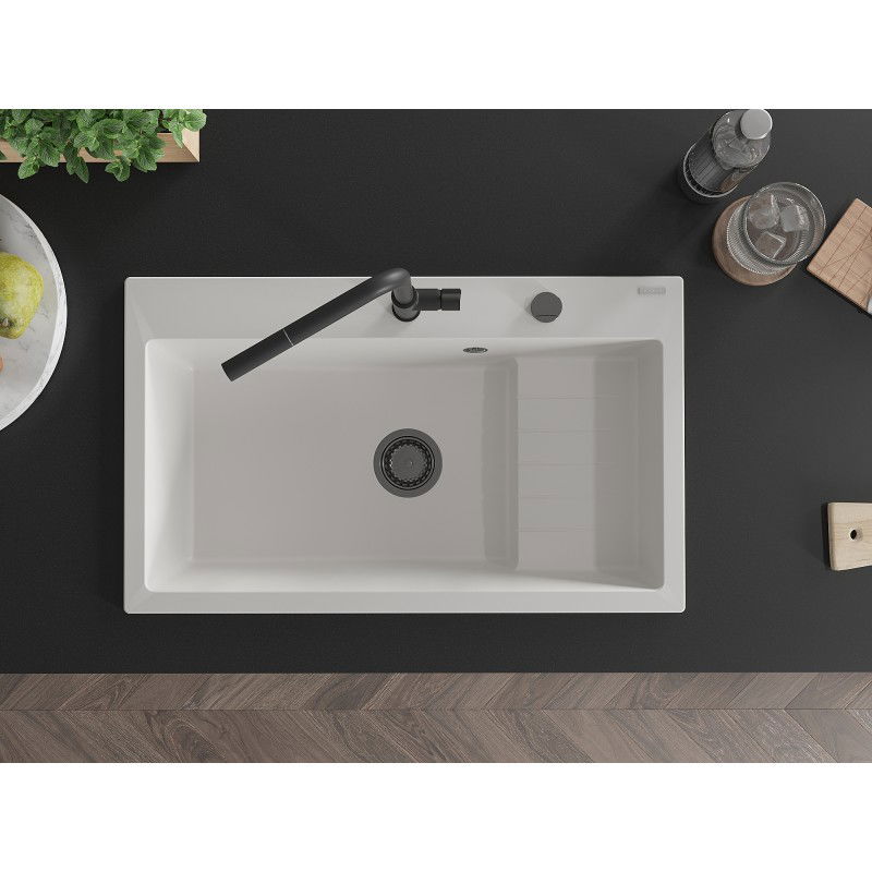 Mexen Omar granitinis vienos plautuvės kriauklė 800 x 480 mm, balta, sifonas juodas - 6520801005-20-B