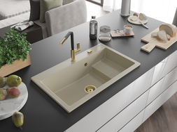 Mexen Omar granitinė vienos kameros virtuvės kriauklė 800 x 480 mm, smėlio spalvos, sifonas auksinis - 6520801005-69-G