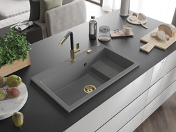 Mexen Omar granito plautuvė 1-skyrius 800 x 480 mm, pilka, aukso sifonas - 6520801005-71-G