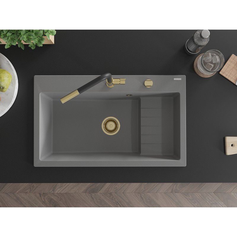Mexen Omar granito plautuvė 1-skyrius 800 x 480 mm, pilka, aukso sifonas - 6520801005-71-G