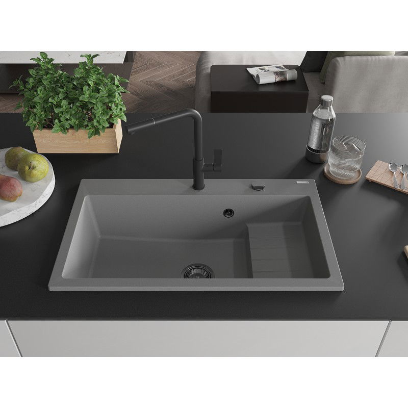 Mexen Omar granitinis virtuvės kriauklė 1-skyrelis 800 x 480 mm, pilka, juodas sifonas - 6520801005-71-B