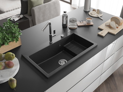 Mexen Omar granitinis vienos kameros plautuvė 800 x 480 mm, juodas/sidabrinis metalikas, chromuotas sifonas - 6520801005-73