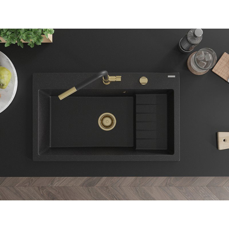 Mexen Omar granitinė vienos sekcijos plautuvė 800 x 480 mm, juoda/sidabrinė metaliko spalva, aukso sifonas - 6520801005-73-G