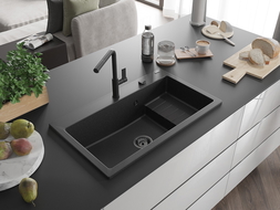 Mexen Omar granito plautuvė 1-skyrelis 800 x 480 mm, juoda/sidabrinis metalikas, juodas sifonas - 6520801005-73-B