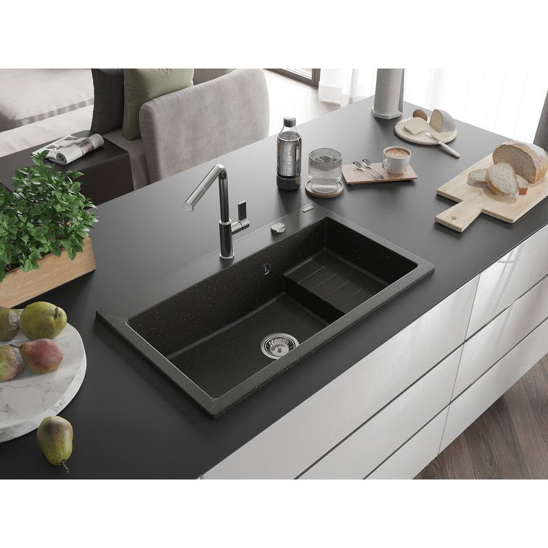 Mexen Omar granito virtuvės kriauklė, vienos sekcijos, 800 x 480 mm, juoda/aukso metalo, sifonas chromuotas - 6520801005-75