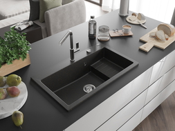 Mexen Omar granito virtuvės kriauklė 1 skyriu 800 x 480 mm, juoda/auksinė metalik, chromo sifonas - 6520801005-75