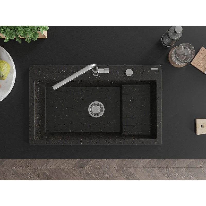 Mexen Omar granito virtuvės kriauklė, vienos sekcijos, 800 x 480 mm, juoda/aukso metalo, sifonas chromuotas - 6520801005-75