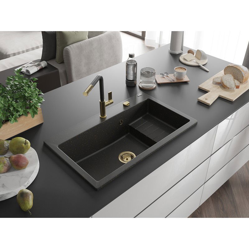 Mexen Omar granitinis plautuvė 1 kamerų 800 x 480 mm, juoda/auksinė metalika, sifonas auksinis - 6520801005-75-G