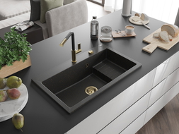 Mexen Omar granitinis plautuvė 1 kamerų 800 x 480 mm, juoda/auksinė metalika, sifonas auksinis - 6520801005-75-G