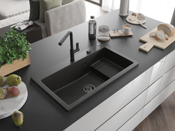 Mexen Omar granitinė vienos sekcijos plautuvė 800 x 480 mm, juoda/auksinė metalikas, juodas sifonas - 6520801005-75-B