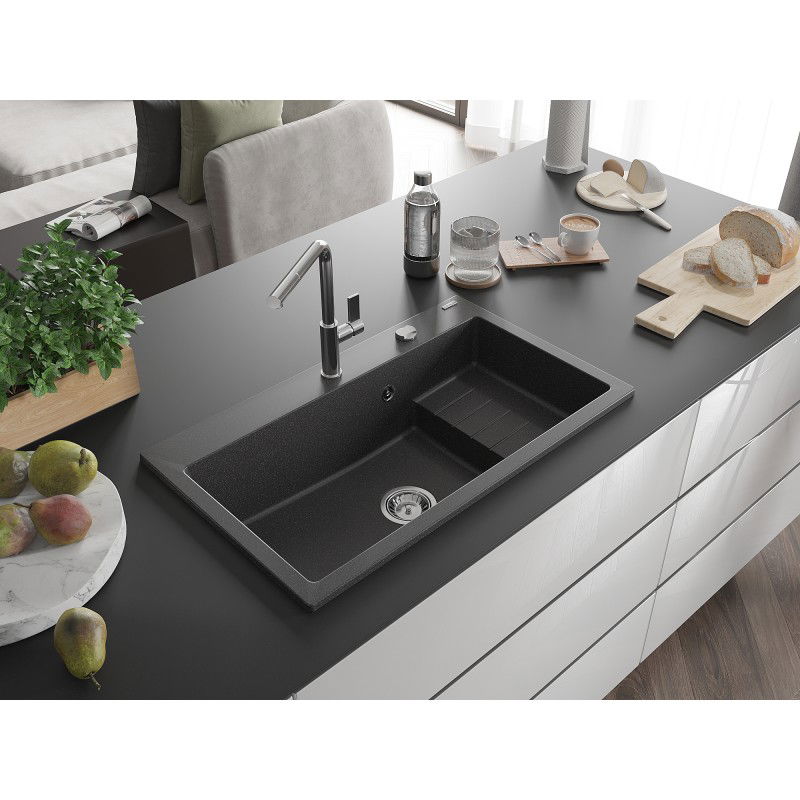 Mexen Omar granitinė vienos kameros plautuvė 800 x 480 mm, juoda taškuota, chromuotas sifonas - 6520801005-76