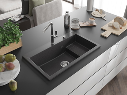 Mexen Omar granitinė vienos kameros plautuvė 800 x 480 mm, juoda taškuota, chromuotas sifonas - 6520801005-76