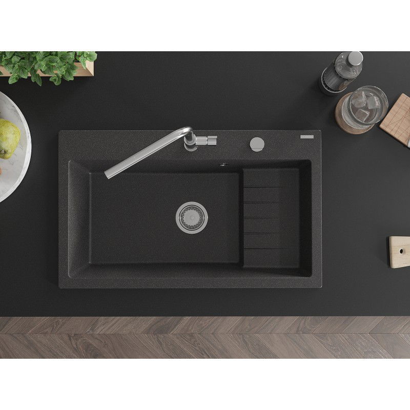 Mexen Omar granitinė vienos kameros plautuvė 800 x 480 mm, juoda taškuota, chromuotas sifonas - 6520801005-76