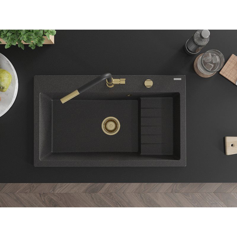 Mexen Omar granitinis plautuvės vienos kameros 800 x 480 mm, juodas taškuotas, auksinis sifonas - 6520801005-76-G