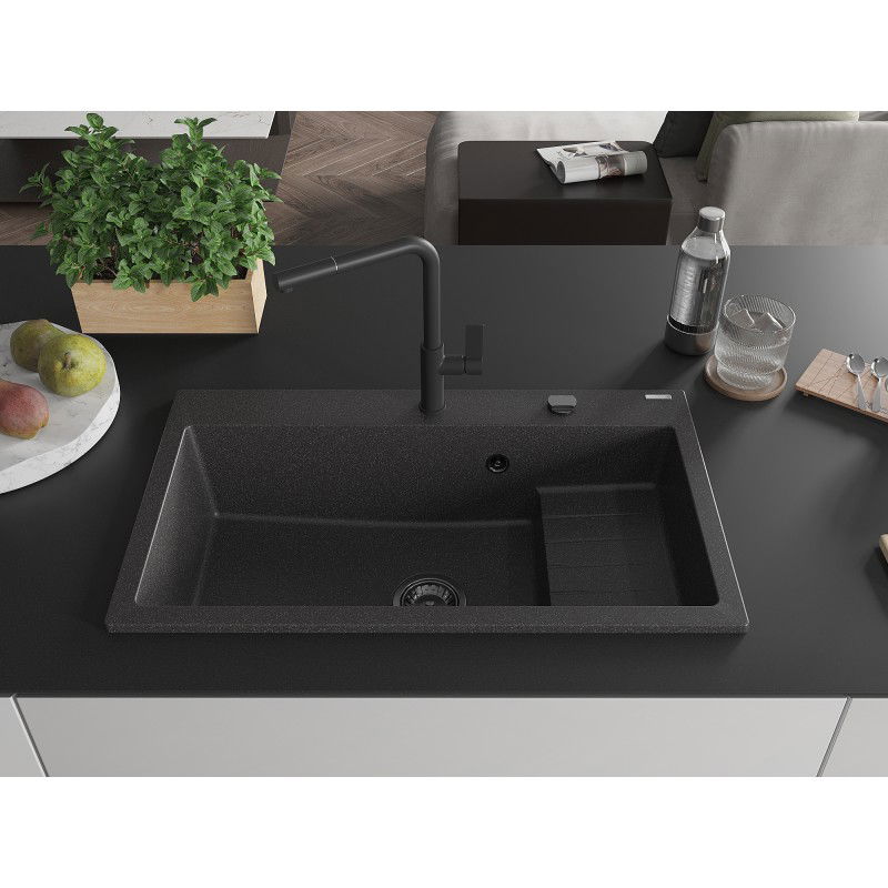 Mexen Omar granitinis vienos kameros plautuvė 800 x 480 mm, juodas taškuotas, juodas sifonas - 6520801005-76-B