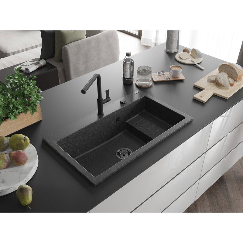 Mexen Omar granitinis vienos kameros plautuvė 800 x 480 mm, juodas taškuotas, juodas sifonas - 6520801005-76-B