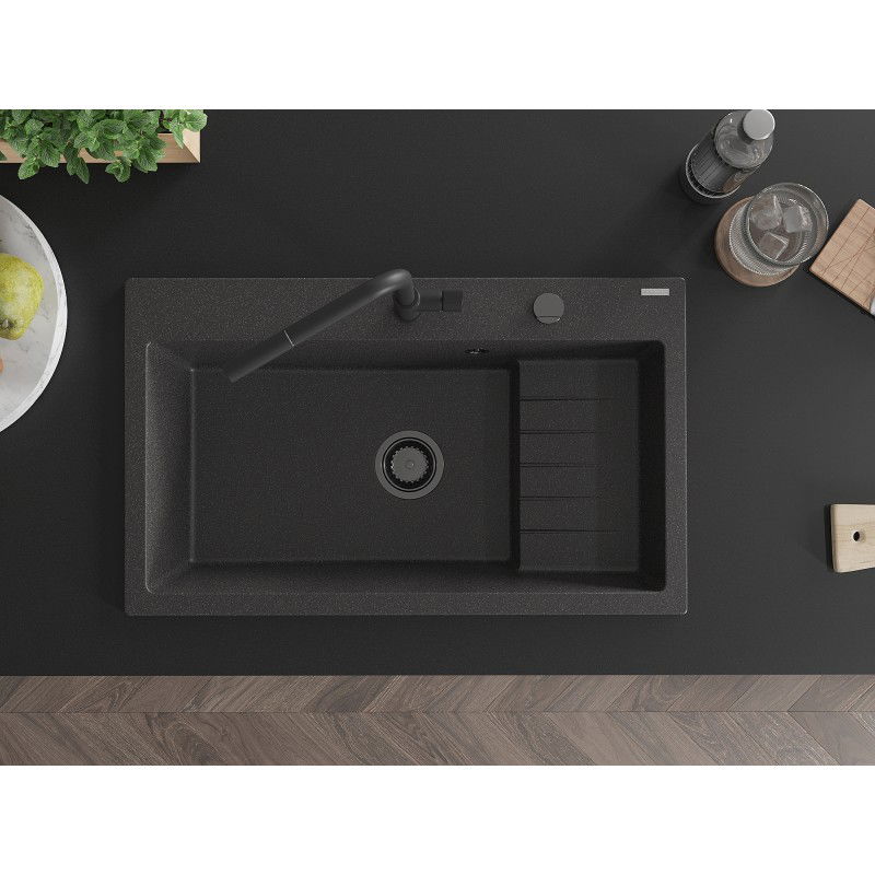 Mexen Omar granitinis vienos kameros plautuvė 800 x 480 mm, juodas taškuotas, juodas sifonas - 6520801005-76-B