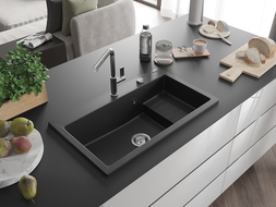 Mexen Omar virtuvės kriauklė iš granito 1 skyrius 800 x 480 mm, juoda, chromuotas sifonas - 6520801005-77