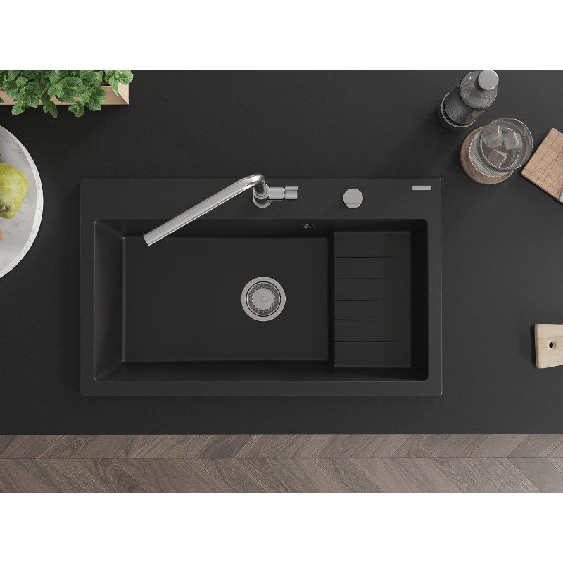 Mexen Omar granito virtuvinė kriauklė, 1 skyrius, 800 x 480 mm, juoda, chromuotas sifonas - 6520801005-77