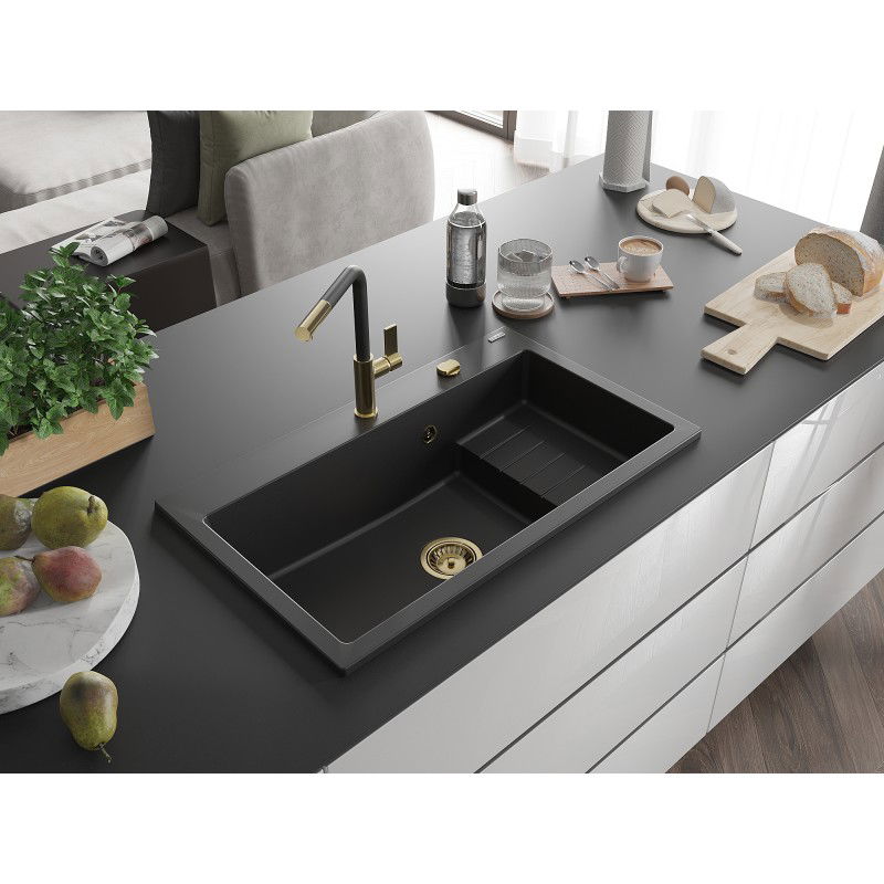 Mexen Omar granito kriauklė 1 skyrius 800 x 480 mm, juoda, sifonas auksinis - 6520801005-77-G