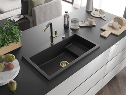 Mexen Omar granito kriauklė 1 skyrius 800 x 480 mm, juoda, sifonas auksinis - 6520801005-77-G