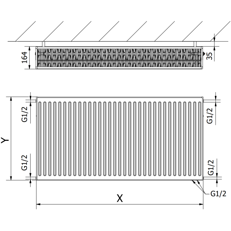 Mexen CV33 plokščias radiatorius 400 x 1200 mm, apatinis prijungimas, 2027 W, juodas - W633-040-120-70