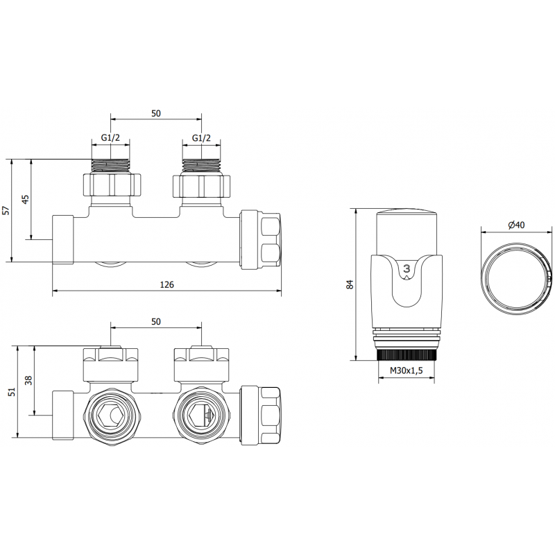 Mexen G00 kampu termostatų rinkinys, kampinis, Duplex, DN50, chromas - W907-900-01