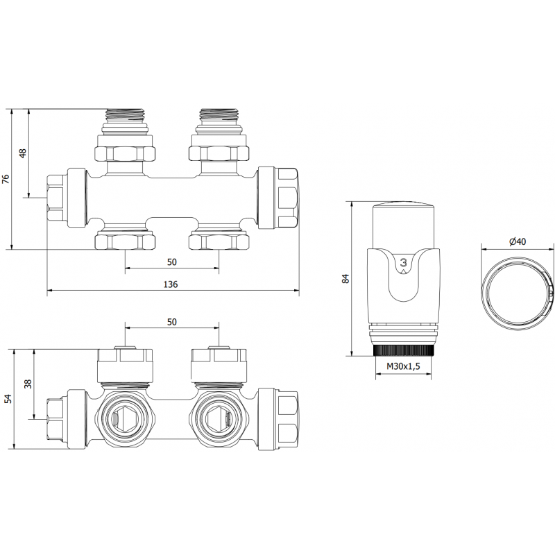 Mexen G00 termostatinis rinkinys kampinis/tiesus, Duplex, DN50, baltas - W908-900-20